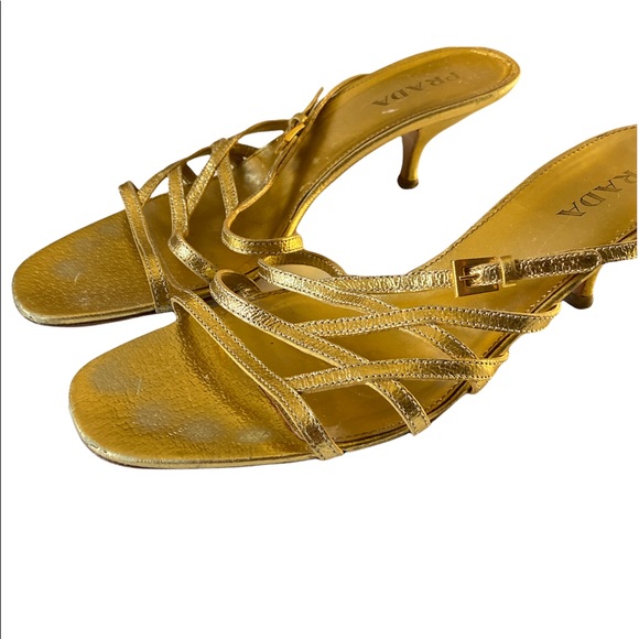 PRADA Metallic Gold Strappy Kitten Heel Sandals - Picture 3 of 7